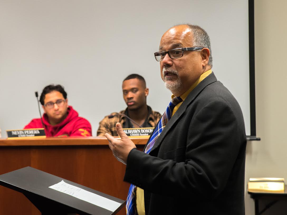 Vice Chancellor of Student Affairs James Sandoval speaking at a January 2016 ASUCR meeting. Archives/HIGHLANDER