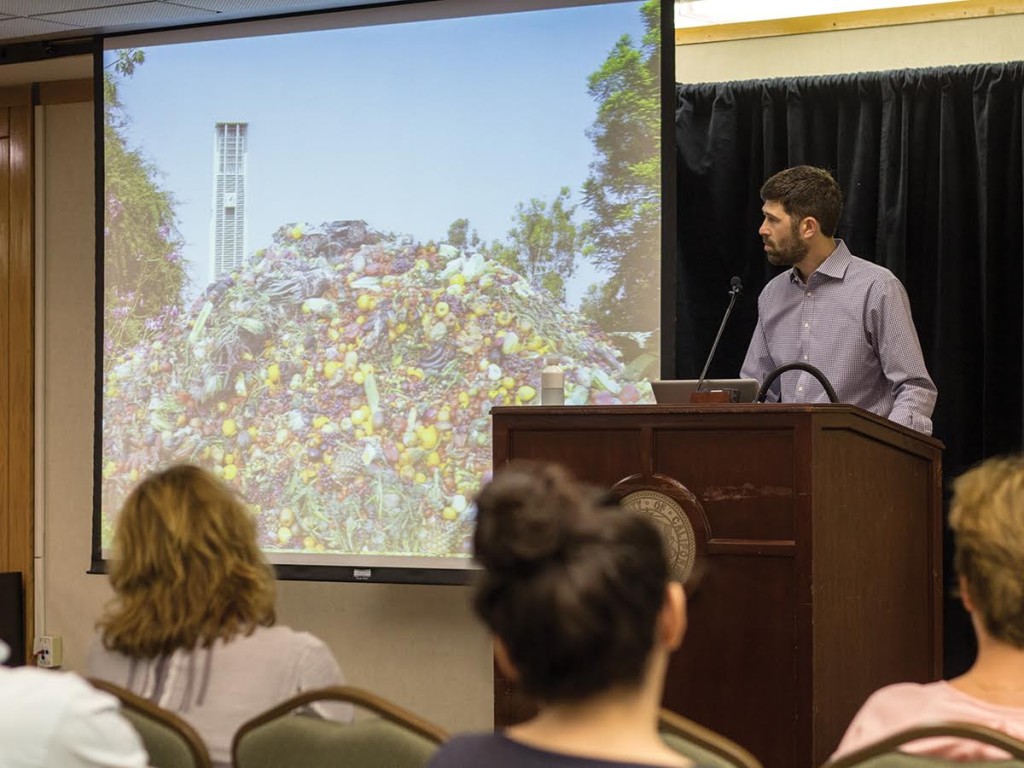 As part of his presentation, Jonathan Bloom depicted how the daily food waste in America would fit on UCR's campus.