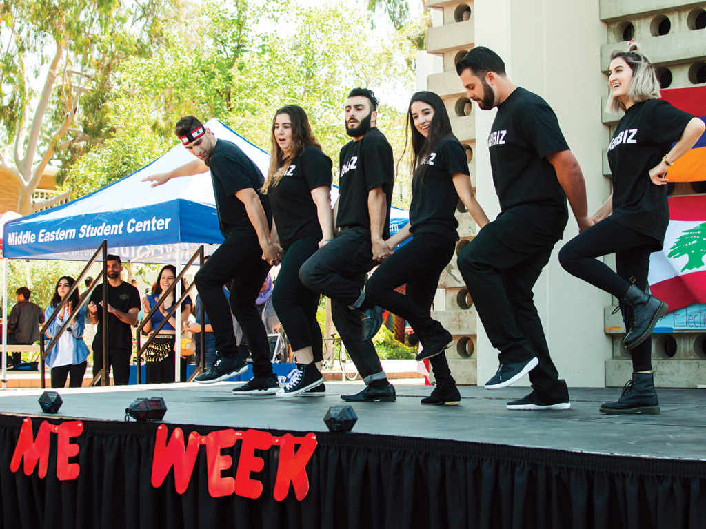 Members of UCR's Lebanese Social Club perform a lively folk dance called Dabke during the Middle Eastern Week Nooner. The club also welcomed members of the audience to join them and taught the Dabke dance to fellow UCR students. Janine Ybanez/HIGHLANDER