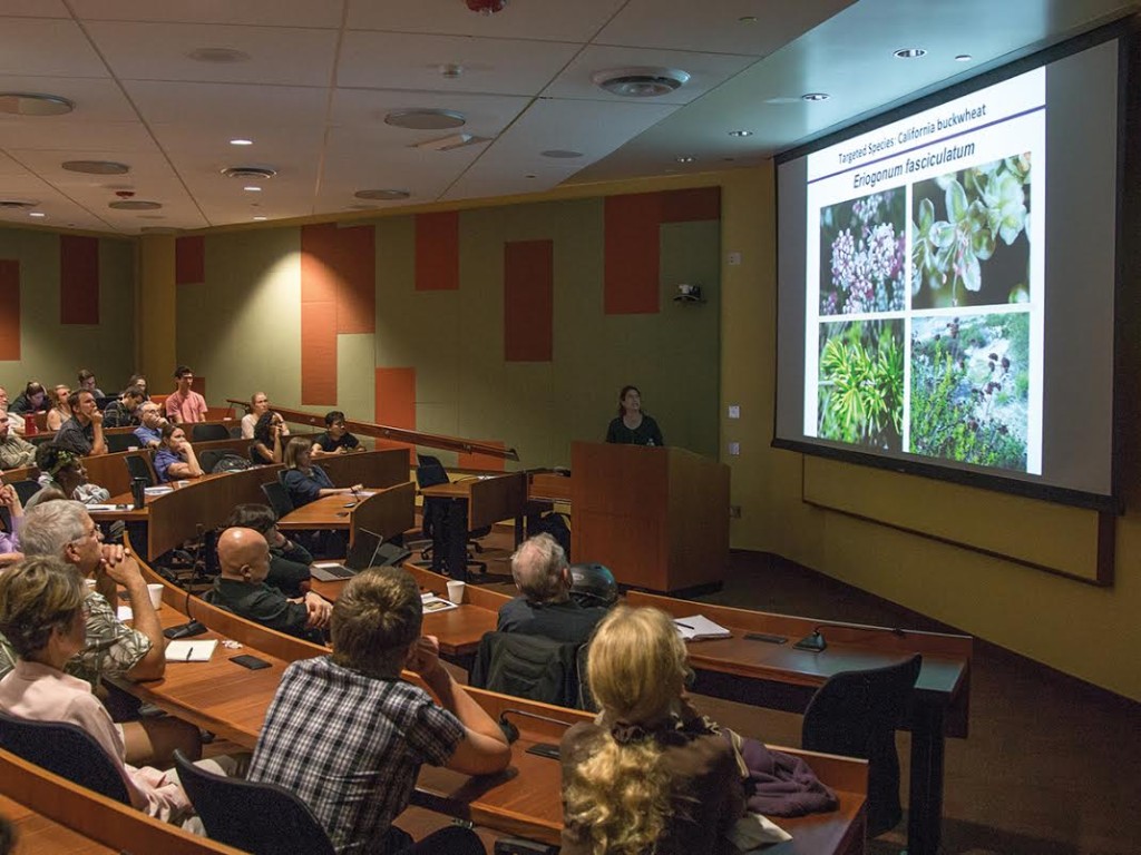 Attendees listen attentively to Susan Mazer's talk on California fauna and their role in studying climate change.