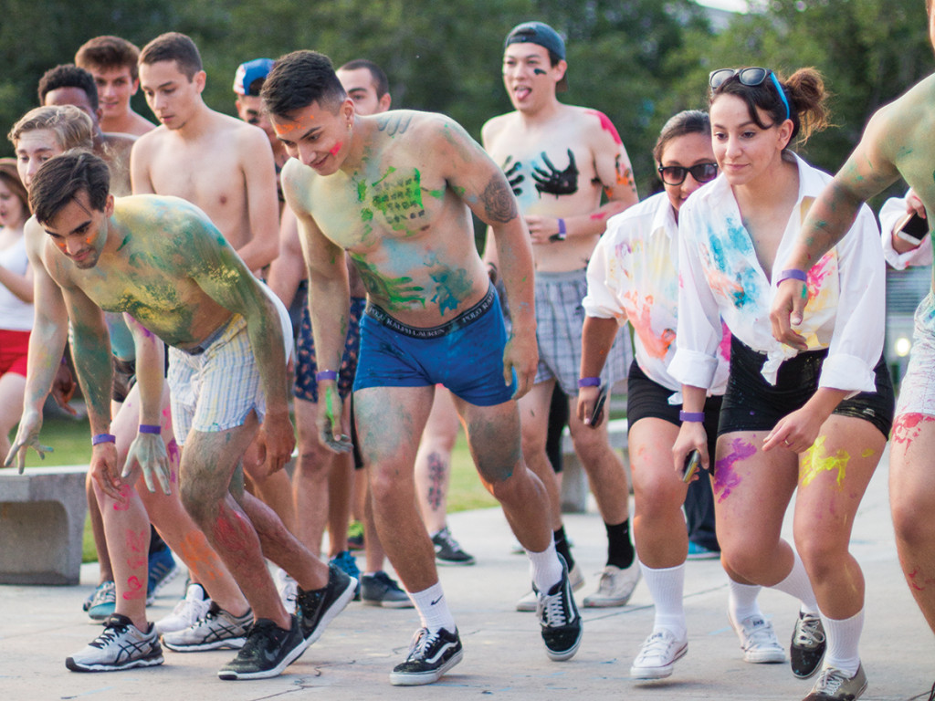 UCR students wait at the starting line to spring in their underwear.