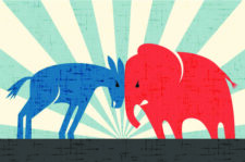 Democratic donkey and Republican elephant butting heads. Vector illustration.