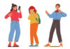 Teenagers Characters Bullying Girl, Laughing and Pointing on her, Record Video on Smartphone. Teens Abuse, Schoolgirl Suffer of Children Violence in School. Cartoon People Vector Illustration