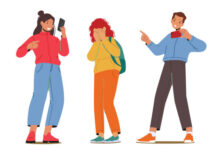 Teenagers Characters Bullying Girl, Laughing and Pointing on her, Record Video on Smartphone. Teens Abuse, Schoolgirl Suffer of Children Violence in School. Cartoon People Vector Illustration