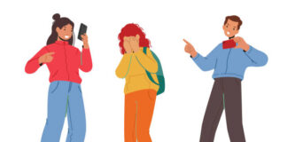 Teenagers Characters Bullying Girl, Laughing and Pointing on her, Record Video on Smartphone. Teens Abuse, Schoolgirl Suffer of Children Violence in School. Cartoon People Vector Illustration